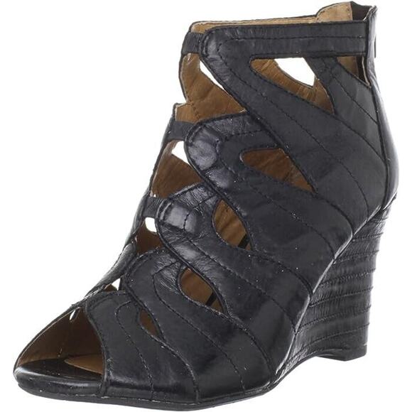 Miz Mooz EUC Black Leather Tamara 3.5" Wedge Heel Sandal Back Zip Size 8.5 - Picture 1 of 6